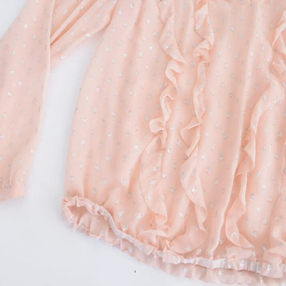 Rebecca Taylor Peach Silk Polka Dot Metallic Tie Neck Ruffle Long Sleeve Blouse2 - Picture 7 of 11